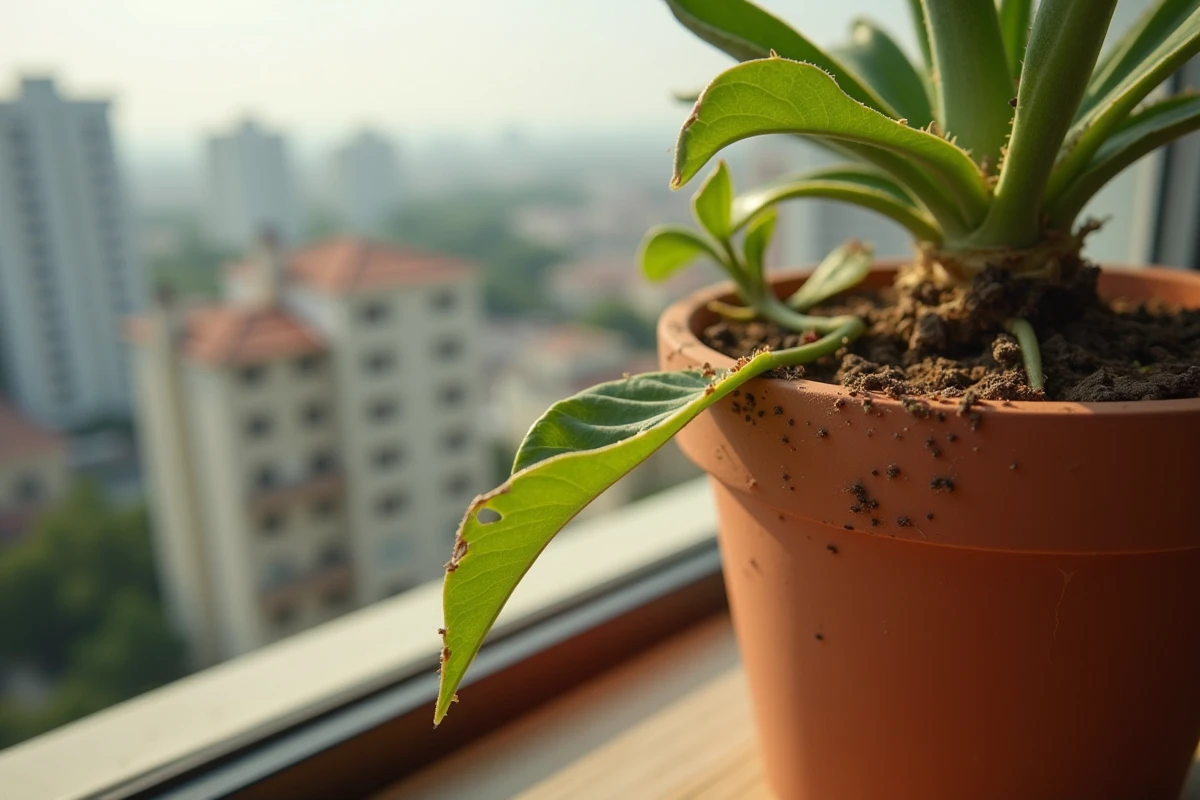 Plante en pot infestée de petites bêtes rouges sur un balcon urbain par temps chaud et sec en été