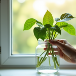 Main posant un pothos vert dans un vase en verre lumineux