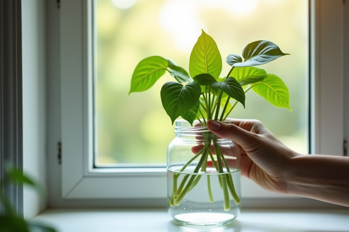 Main posant un pothos vert dans un vase en verre lumineux