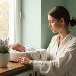 Jeune mère plaçant un pot de lavande près du berceau de son bébé pour éloigner les mouches naturellement
