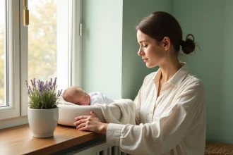 Jeune mère plaçant un pot de lavande près du berceau de son bébé pour éloigner les mouches naturellement