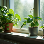 Plante verte sur une fenêtre avec pluie et condensation