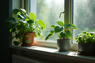 Plante verte sur une fenêtre avec pluie et condensation