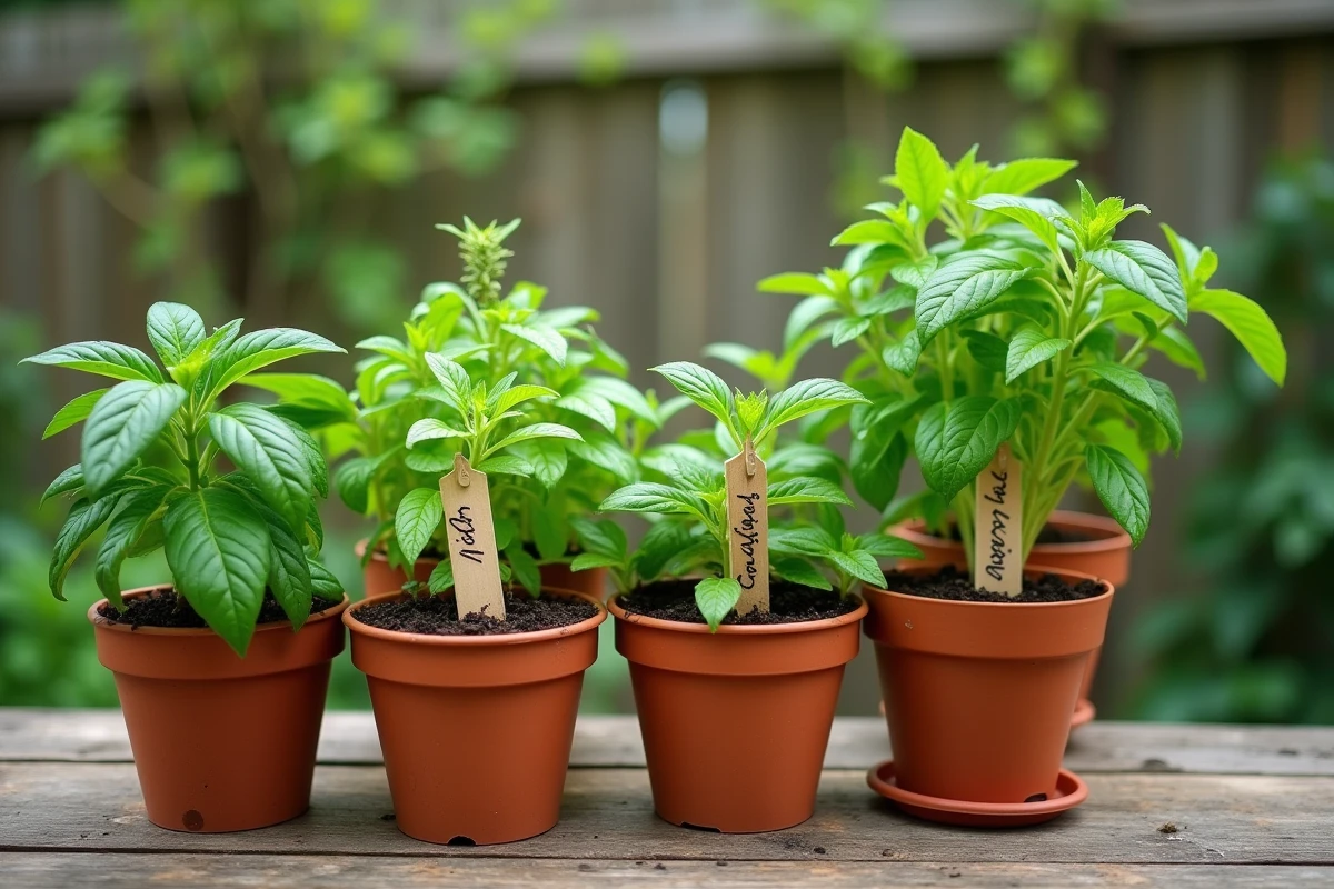 Assortiment de plantes aromatiques en pot comme le basilic, la menthe et la citronnelle pour repousser les mouches en extérieur