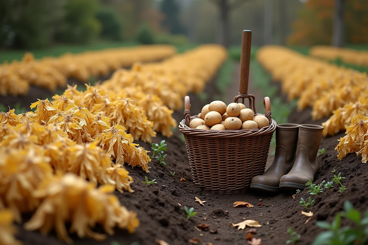 Vue large d'un potager en automne avec rangées de feuillage de pommes de terre jauni et panier de récolte rempli