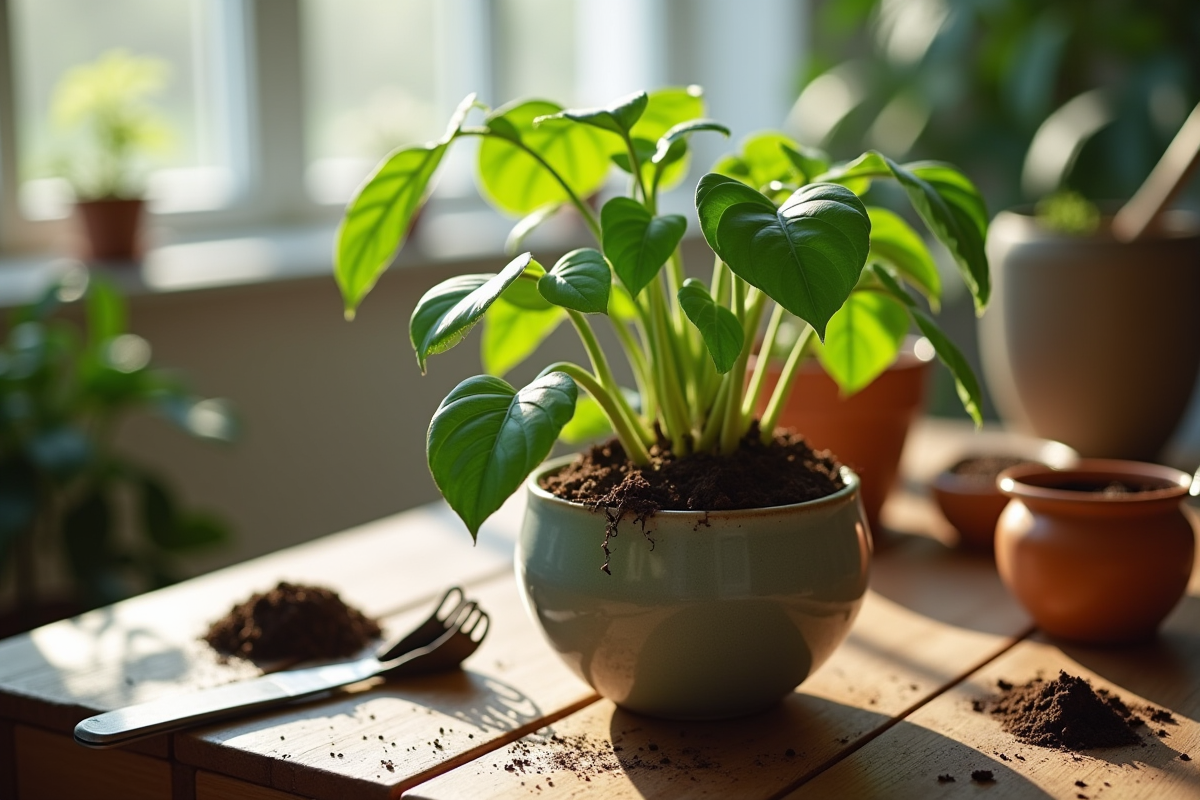 Pothos avec racines dans un pot en céramique sur une table en bois