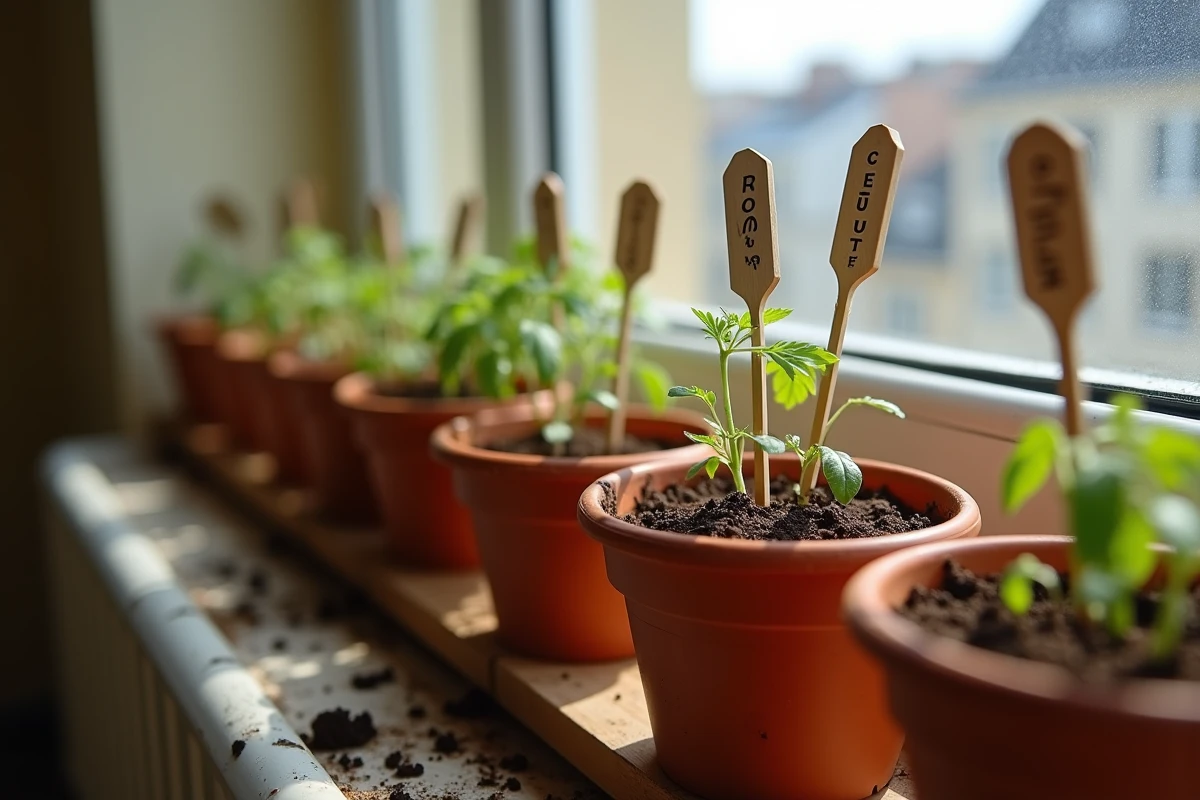 Plateau de petits pots de semis de tomates avec étiquettes de variétés sur un rebord de fenêtre ensoleillé en appartement