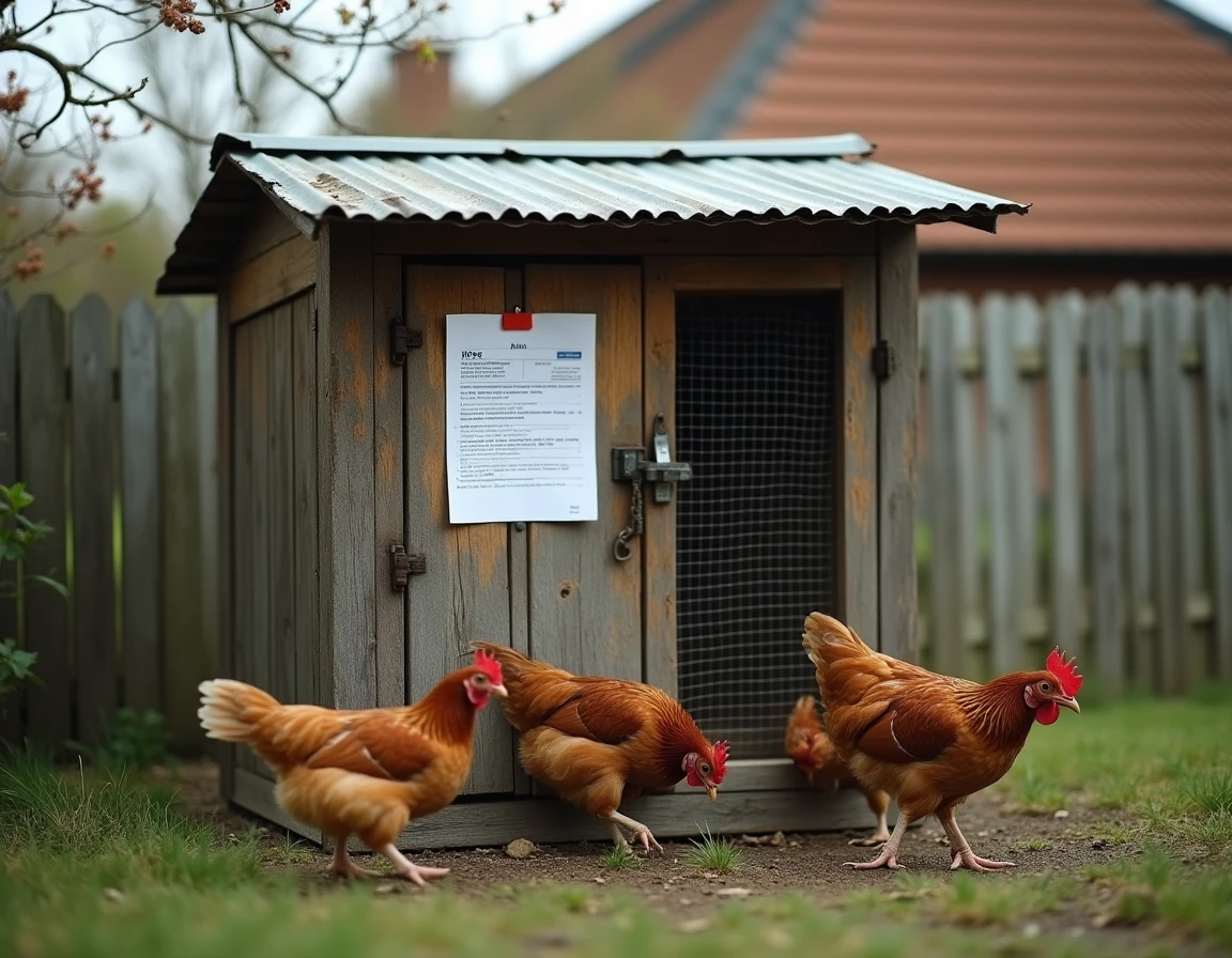 Poulailler de jardin en bois avec poules et document de déclaration fiscale affiché, représentant la taxation des constructions annexes