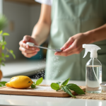 Personne préparant un désherbant naturel maison sur une table de cuisine