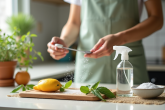 Personne préparant un désherbant naturel maison sur une table de cuisine