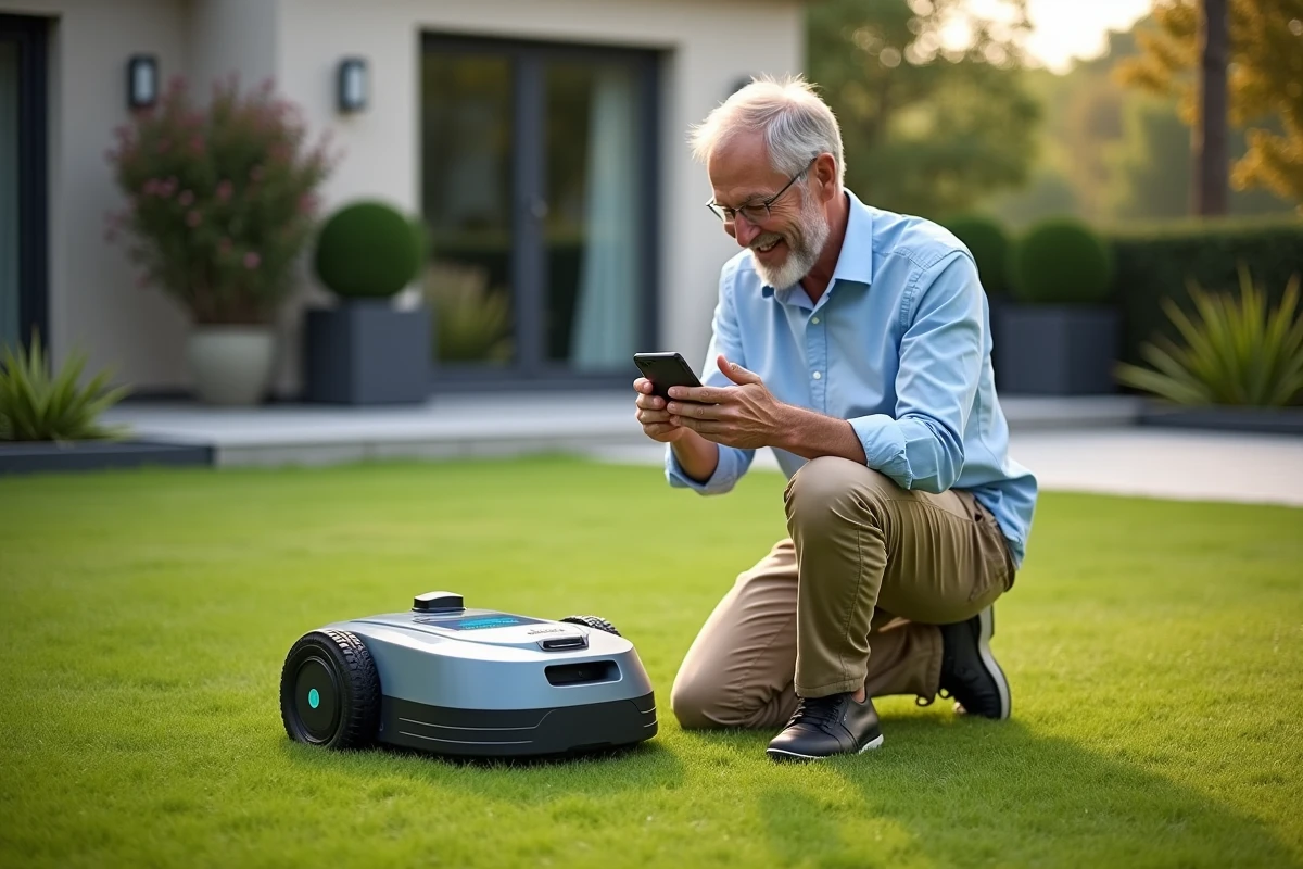 Propriétaire programmant son robot tondeuse Kress sur une pelouse de 1200 m² via une application smartphone