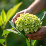 Mains de jardinier préparant une tige saine d'hydrangea