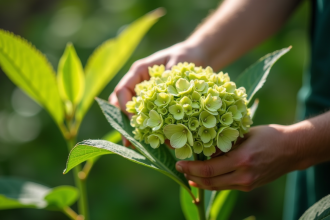 Mains de jardinier préparant une tige saine d'hydrangea