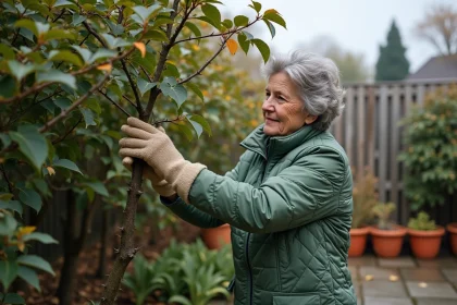 Jardinière protégeant un bougainvillier avec de la toile de jute en automne pour le protéger du gel