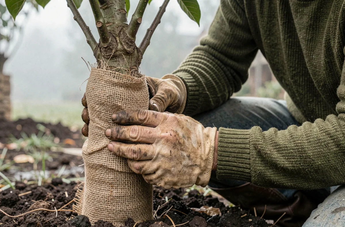 Jardinière protégeant un jeune arbre goyave du gel avec de la toile de jute en hiver