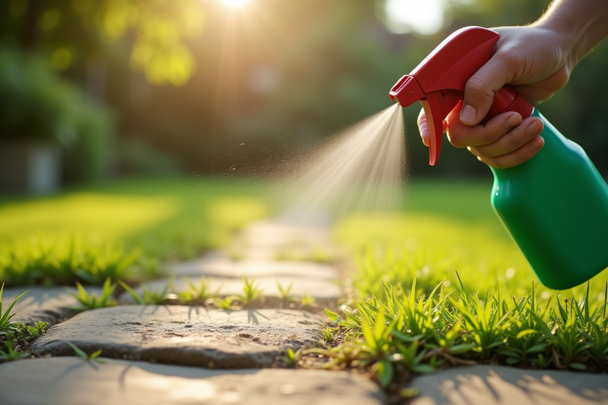 Main pulvérisant un désherbant naturel sur des mauvaises herbes dans le jardin