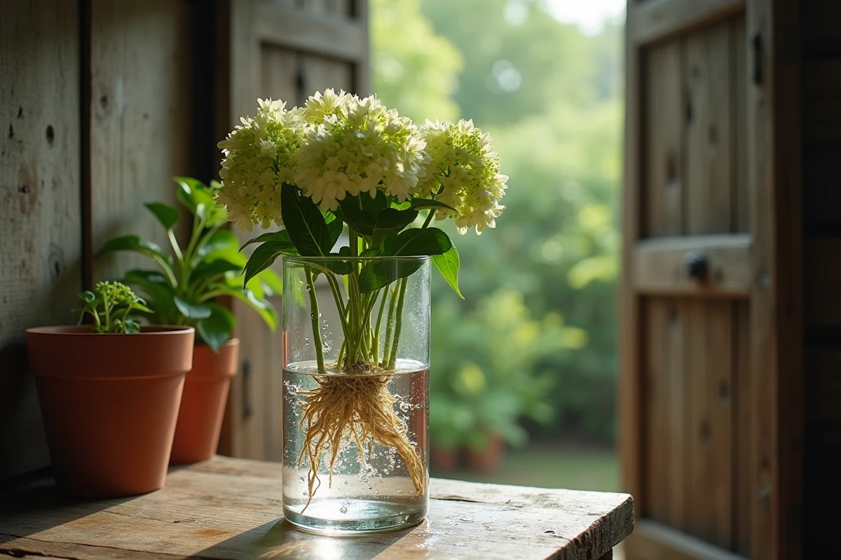 Boutures d'hortensia avec racines naissantes dans un vase en verre transparent posé sur une table de rempotage en bois