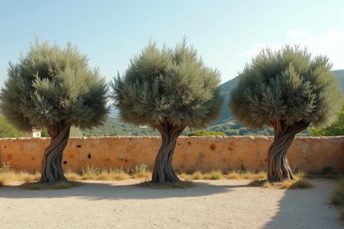 Rangée d'oliviers taillés en nuage dans un jardin provençal avec pierres et herbes aromatiques, méthode de taille douce
