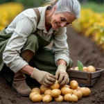 Femme en train de récolter des pommes de terre dans un jardin potager, feuillage jauni et sol meuble visible