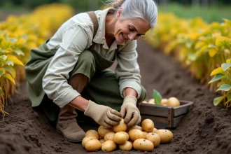 Femme en train de récolter des pommes de terre dans un jardin potager, feuillage jauni et sol meuble visible