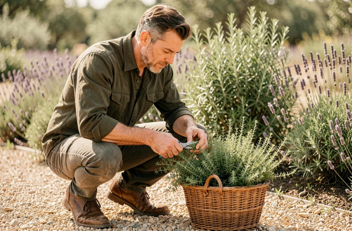 Homme qui récolte des tiges de thym frais avec des ciseaux dans un jardin méditerranéen provençal, panier en osier rempli d'herbes aromatiques