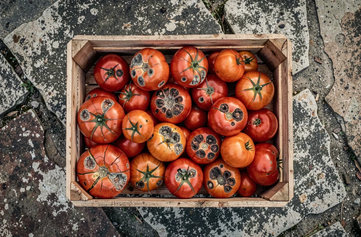 Caisse en bois remplie de tomates récoltées présentant des maladies visibles comme la pourriture et les taches noires compromettant la récolte
