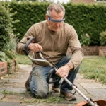 Homme remplaçant le fil d'un rotofil dans un jardin soigné, avec différents types de fils de débroussailleuse visibles à proximité