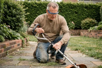 Homme remplaçant le fil d'un rotofil dans un jardin soigné, avec différents types de fils de débroussailleuse visibles à proximité