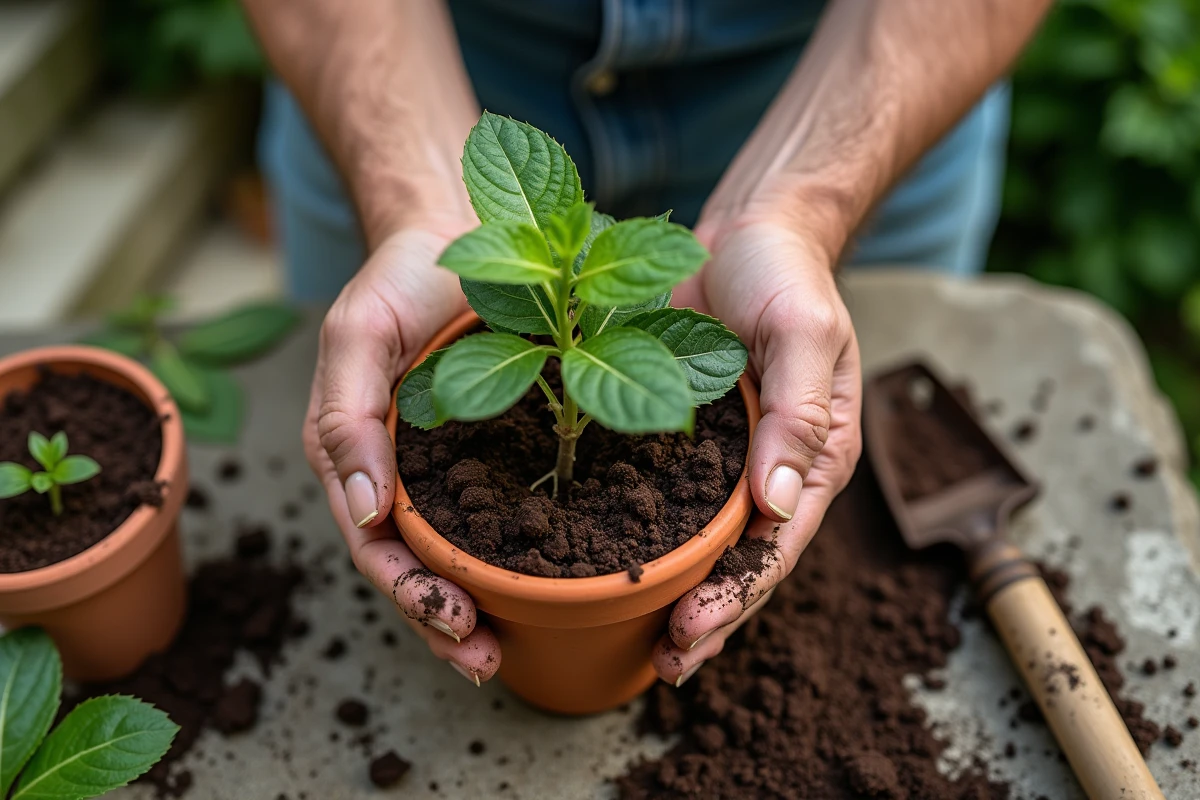 Mains masculines rempotant une bouture d'hortensia enracinée dans un pot en terre cuite dans un jardin de campagne