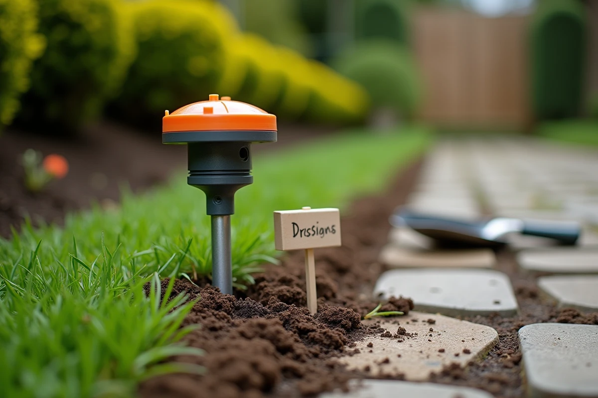 Répulsif à taupe vibrant planté dans le sol d'un jardin pour éloigner les animaux fouisseurs
