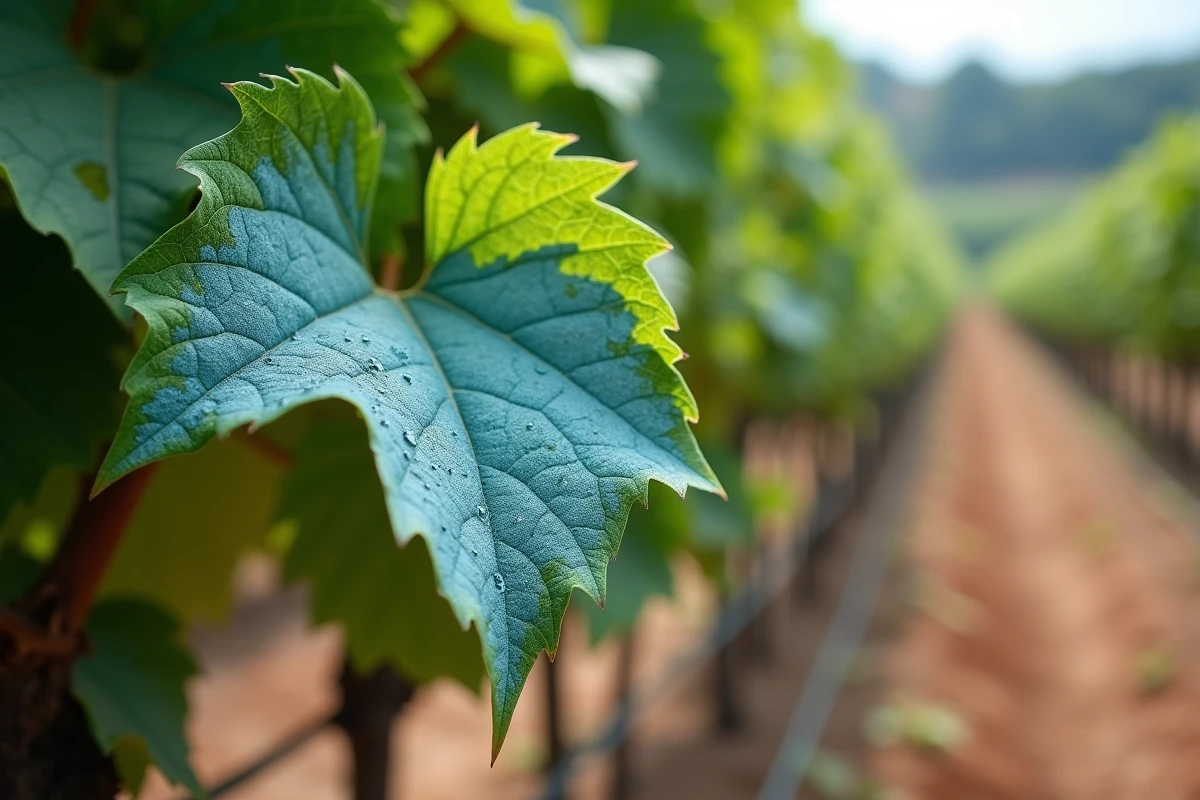 Résidu de bouillie bordelaise sur des feuilles de vigne en gros plan, montrant les traces bleues du sulfate de cuivre