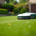 Robot tondeuse Kress en action sur une pelouse résidentielle de 800 m² avec jardin bien entretenu