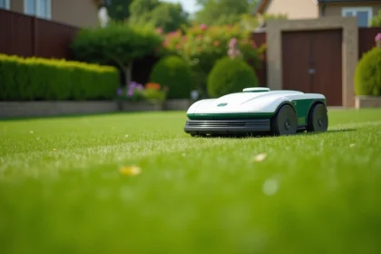 Robot tondeuse Kress en action sur une pelouse résidentielle de 800 m² avec jardin bien entretenu