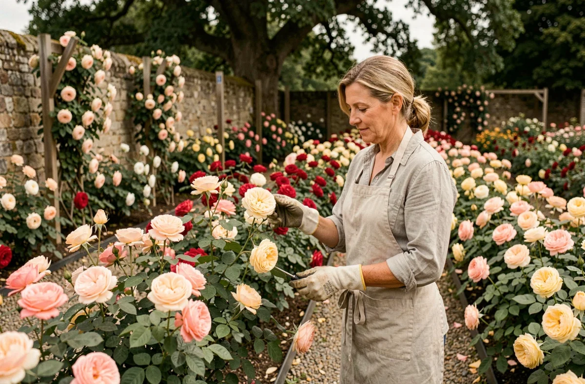 Horticultrice examinant une rose ancienne en fleur dans la pépinière Les Roses Anciennes André Eve à Chilleurs-aux-Bois