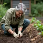 Femme semant des haricots à la main dans un potager en permaculture avec paillis de paille et sol non bêché