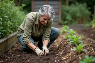 Femme semant des haricots à la main dans un potager en permaculture avec paillis de paille et sol non bêché