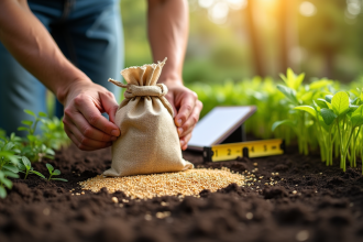Main qui étale des graines sur le sol du jardin ensoleillé