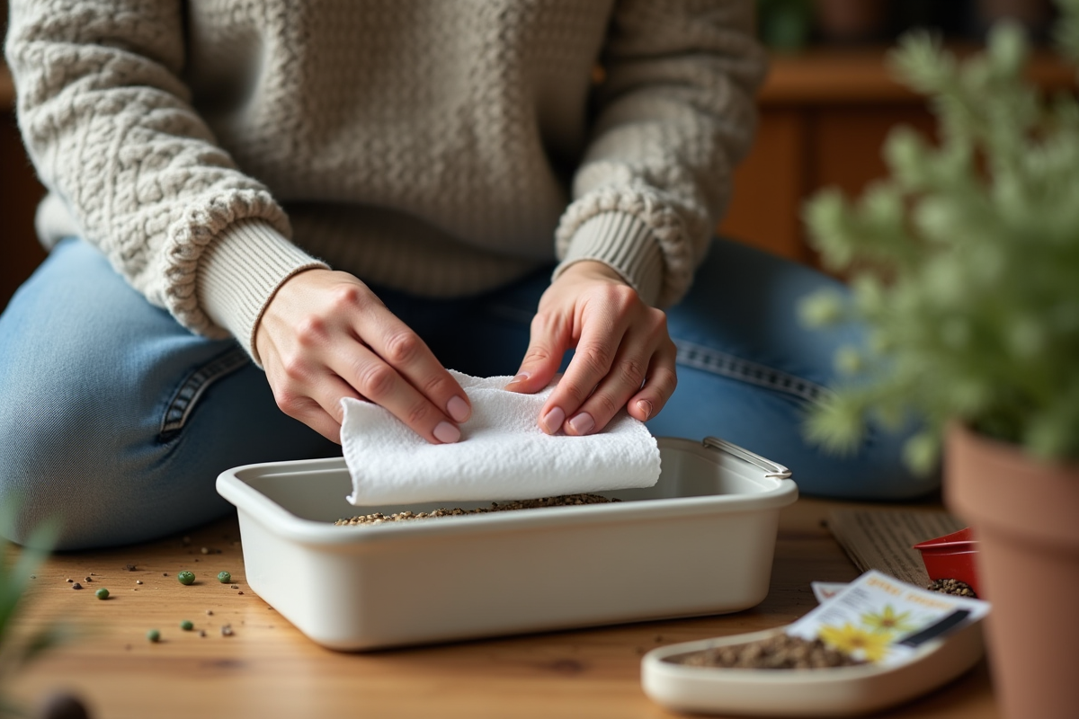 Femme plantant des graines de fleurs sauvages dans une cuisine