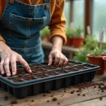 Femme faisant des semis de tomates dans un plateau alvéolé sur un établi de jardinage en serre domestique