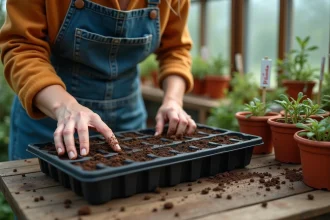 Femme faisant des semis de tomates dans un plateau alvéolé sur un établi de jardinage en serre domestique