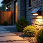 Spot extérieur solaire LED monté sur un mur en pierre illuminant une allée de jardin au crépuscule
