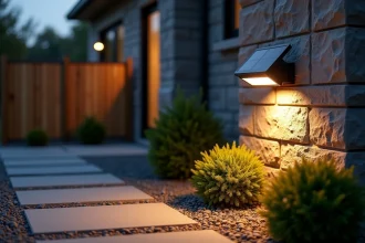 Spot extérieur solaire LED monté sur un mur en pierre illuminant une allée de jardin au crépuscule