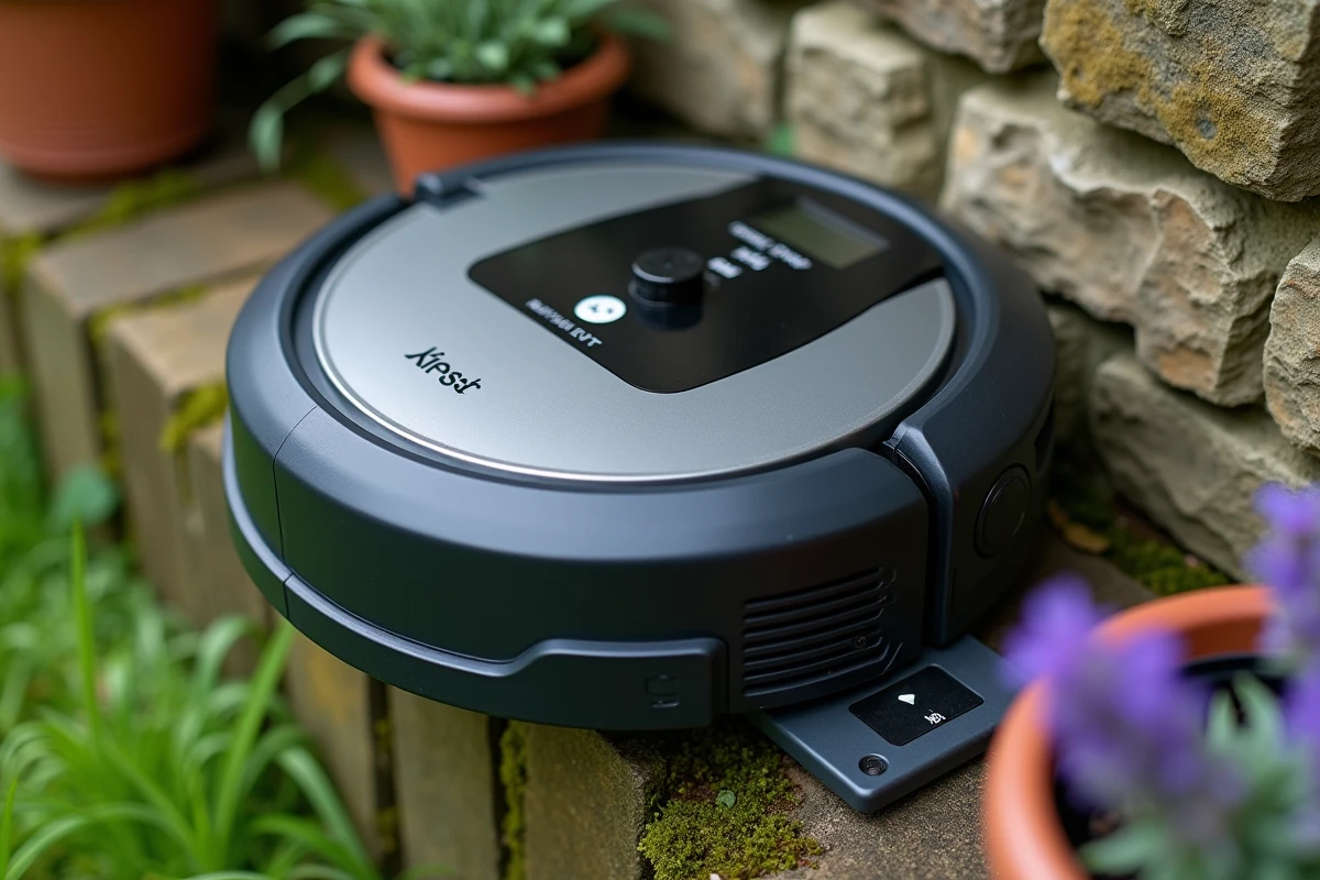 Station de charge du robot tondeuse Kress avec panneau de contrôle et fil de délimitation dans un jardin
