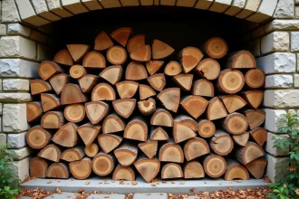 Stère de bûches de chêne empilées contre un mur en pierre d'une ferme française, comparatif poids bois de chauffage