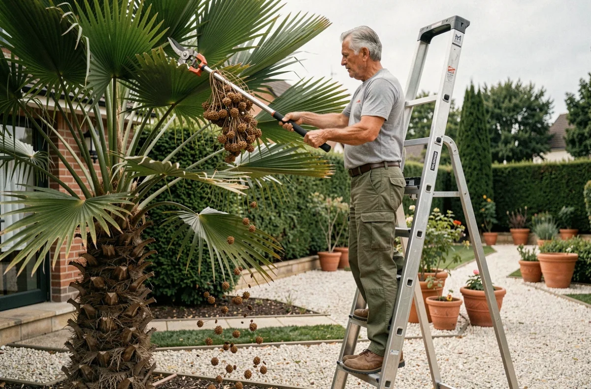 Horticulteur taillant les fleurs montées en graines d'un palmier méditerranéen sur une échelle