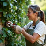 Femme taillant un jasmin étoilé en fleurs sur un mur en pierre de jardin avec un sécateur