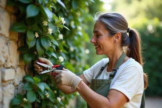 Femme taillant un jasmin étoilé en fleurs sur un mur en pierre de jardin avec un sécateur