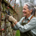 Femme taillant un rosier grimpant au printemps le long d'un mur en pierre, avec des sécateurs près d'un bourgeon sain