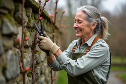 Femme taillant un rosier grimpant au printemps le long d'un mur en pierre, avec des sécateurs près d'un bourgeon sain