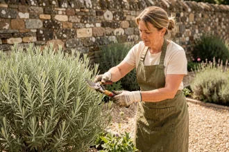 Femme taillant une sauge arbustive dans un jardin de style provençal avec un sécateur bypass